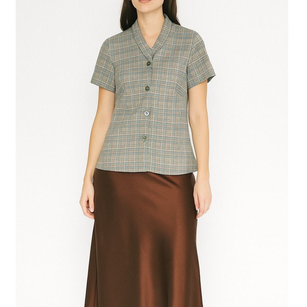 Vintage 70s Brown Button Down Plaid Tweed Blouse Womens Medium Retro Academia